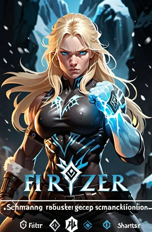 Prompt: Female figure. Greater bicep definition. Sharper, clearer blue eyes. Long Blonde hair flapping. Frostier, glacier effects. Fierce combat stance. Icy Knuckles. Raging Fists.