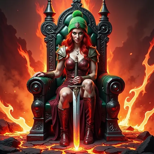 Prompt: @wbV7YKlXTFt2cBPb46HT is still on a throne, amidst a Kingdom of Lava with a crown on her head. 