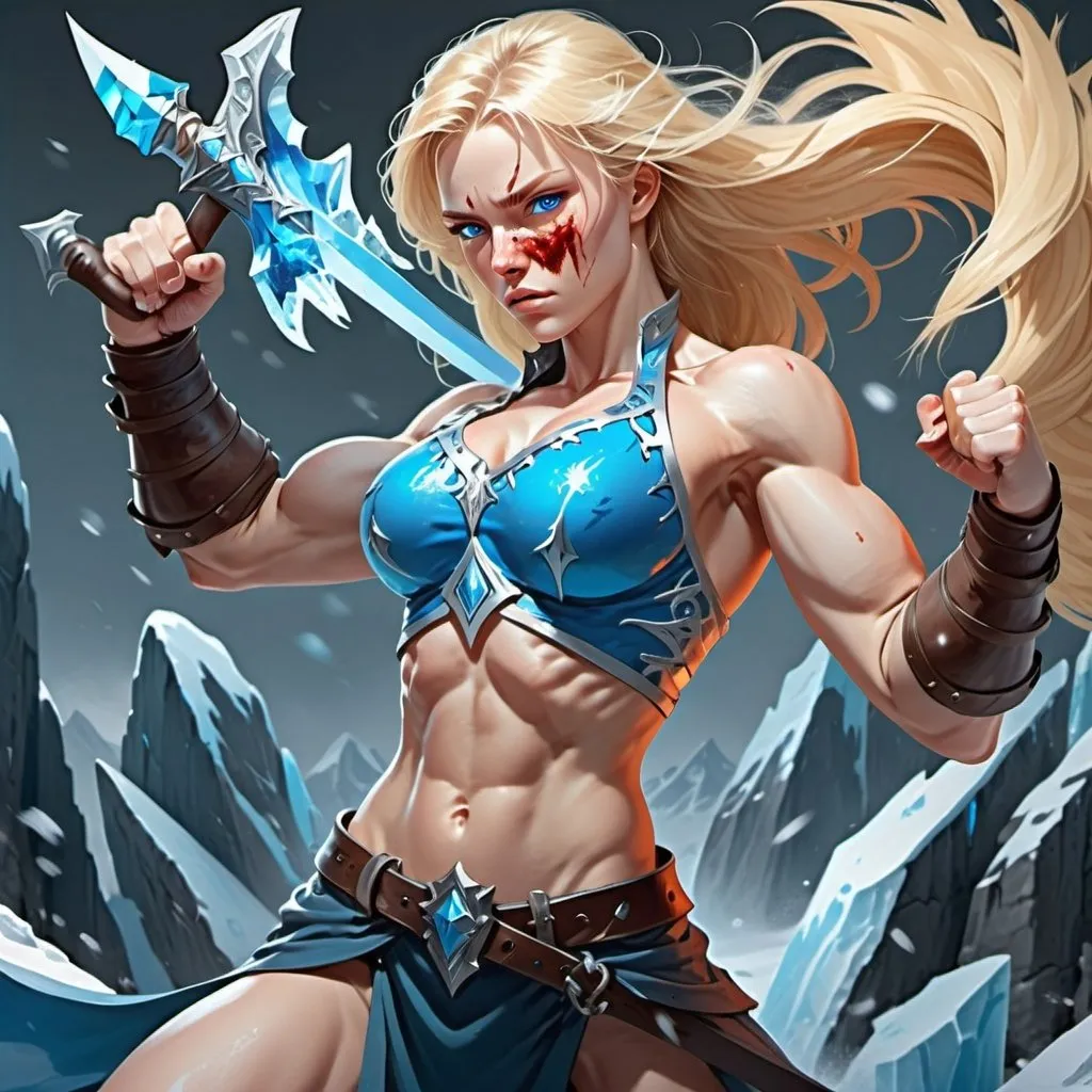 Prompt: Female figure. Greater bicep definition. Sharper, clearer blue eyes. Nosebleed. Long Blonde hair flapping. Frostier, glacier effects. Fierce combat stance. Ice Daggers. 