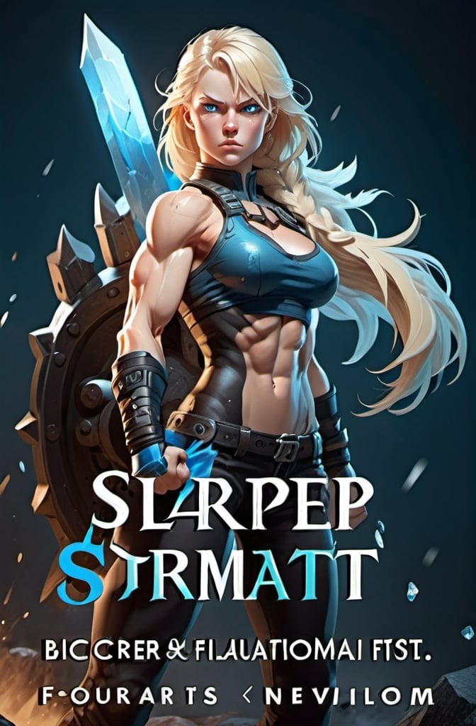 Prompt: Female figure. Greater bicep definition. Sharper, clearer blue eyes. Blonde hair flapping. Frostier, glacier effects. Fierce combat stance. Raging Fists.