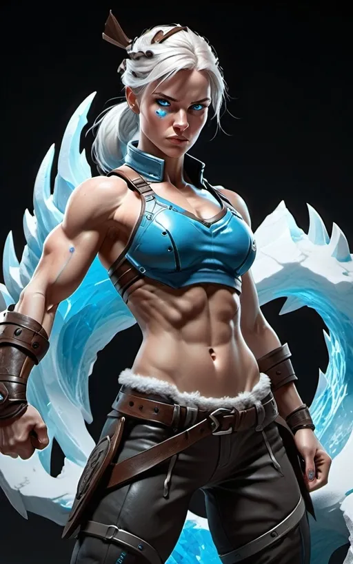 Prompt: Female figure. Greater bicep definition. Sharper, clearer blue eyes.  Frostier, glacier effects. Fierce combat stance. 