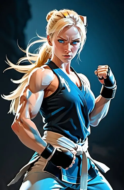 Prompt: Female figure. Greater bicep definition. Sharper, clearer blue eyes. Blonde hair flapping. Frostier, glacier effects. Fierce combat stance. Martial Artist.