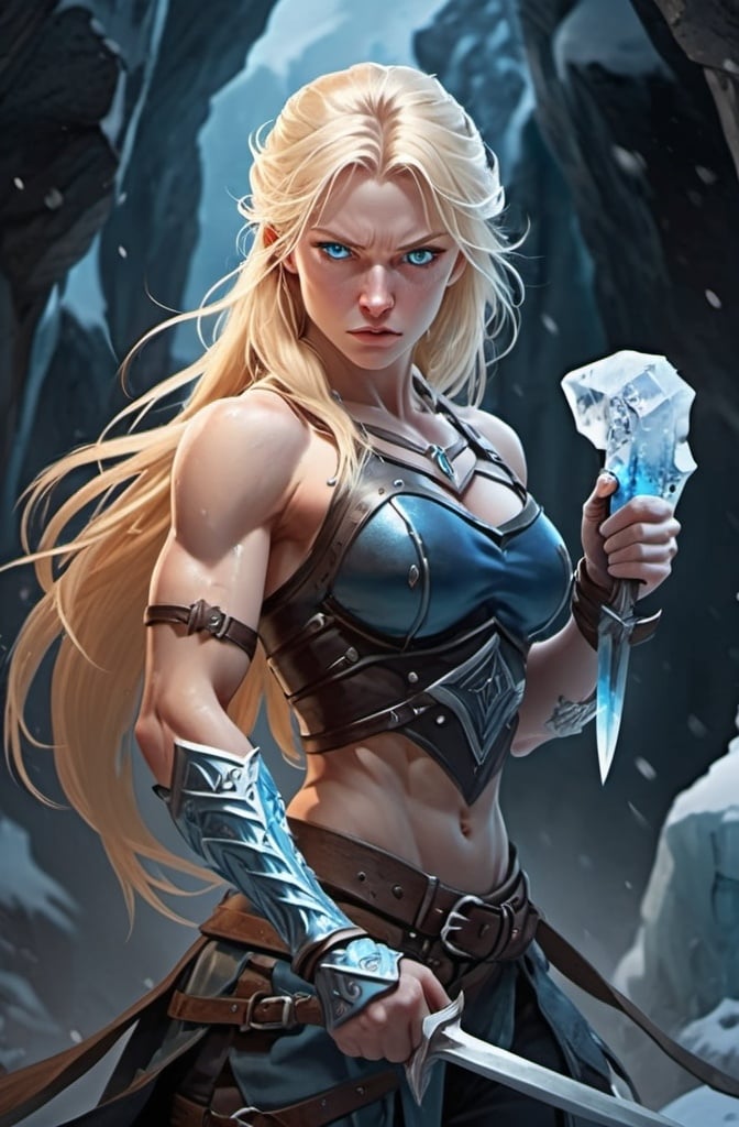 Prompt: Female figure. Greater bicep definition. Sharper, clearer blue eyes. Nosebleed. Long Blonde hair flapping. Frostier, glacier effects. Fierce combat stance. Ice Daggers.