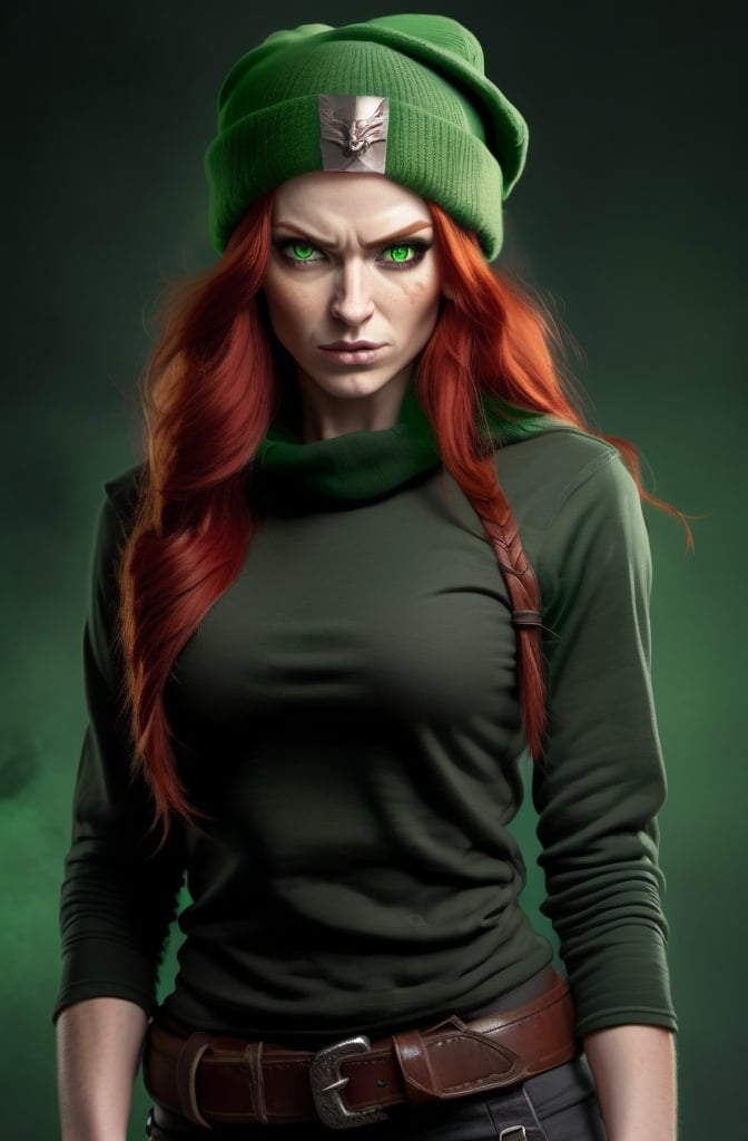 Prompt:  Evil red-haired warrior woman, wearing a green beanie and a mischievous smirk. Green eyes. Fierce combat stance. 