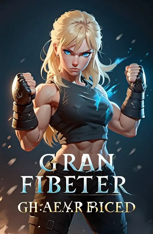 Prompt: Female figure. Greater bicep definition. Sharper, clearer blue eyes. Blonde hair flapping. Frostier, glacier effects. Fierce combat stance. Raging Fists. 