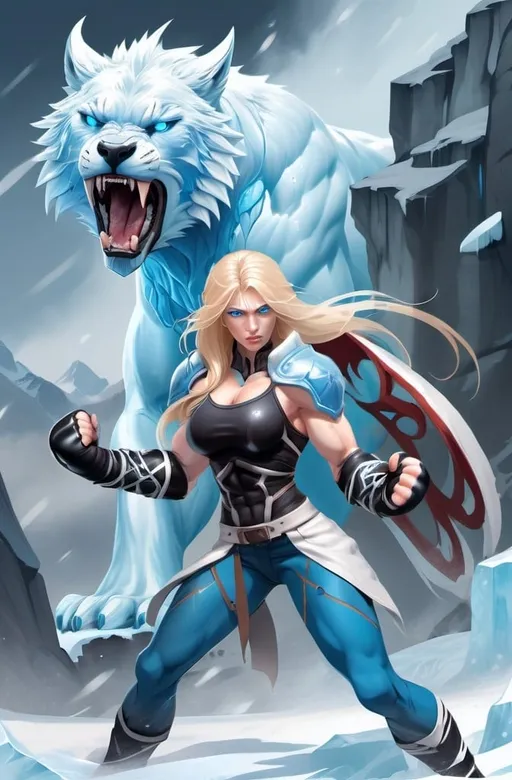 Prompt:  Female figure. Greater bicep definition. Sharper, clearer blue eyes. Nosebleed. Long Blonde hair flapping. Frostier, glacier effects. Fierce combat stance. Raging Fists. Icy Knuckles. 