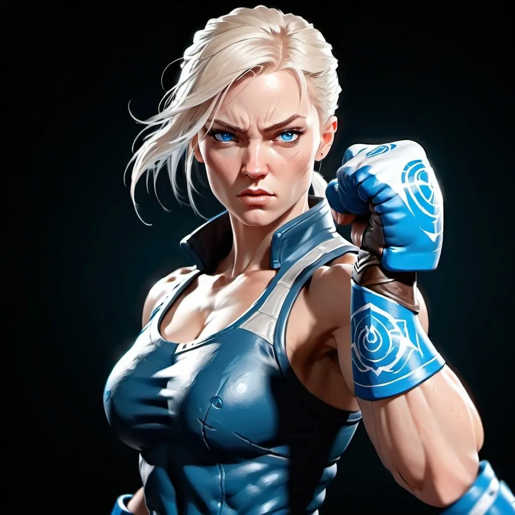 Prompt: Female figure. Greater bicep definition. Sharper, clearer blue eyes.  Frostier, glacier effects.  Fierce combat stance. Raging Fists. 