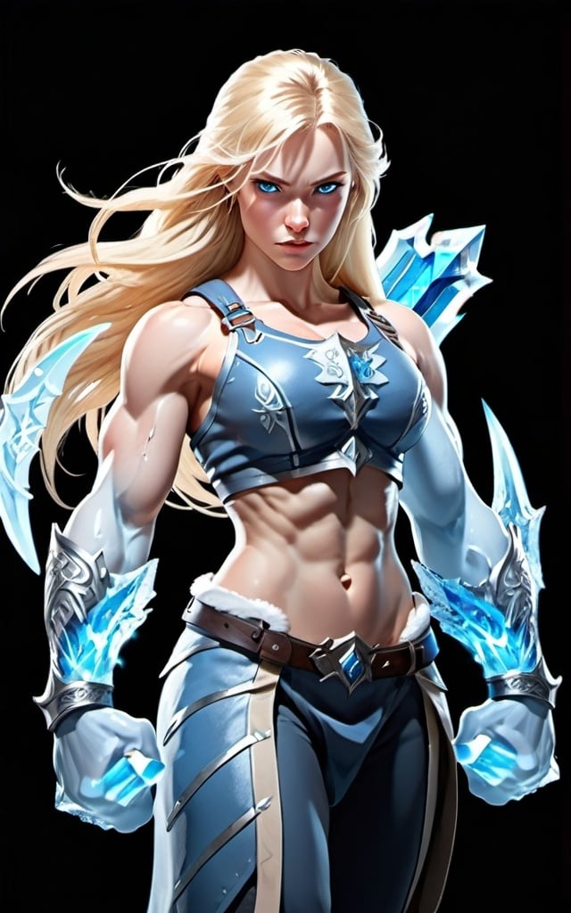 Prompt: Female figure. Greater bicep definition. Sharper, clearer blue eyes. Long Blonde hair flapping. Frostier, glacier effects. Fierce combat stance. Ice Sword.