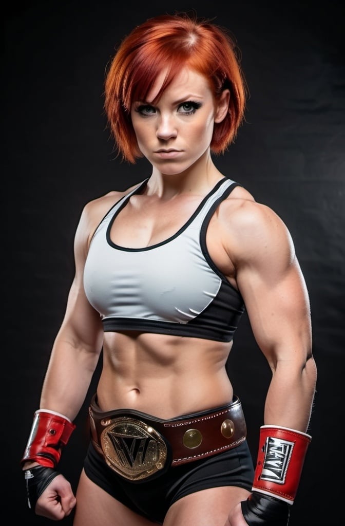 Prompt: Female figure. Young woman. Greater bicep definition. Short red hair. Pro Wrestler. Championship belt. Fierce Combat Stance. 