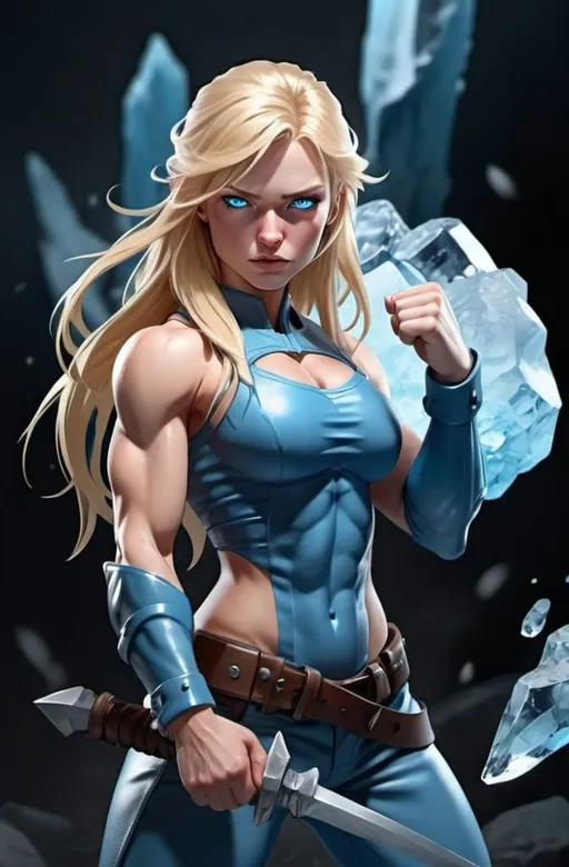 Prompt: Female figure. Greater bicep definition. Sharper, clearer blue eyes. Nosebleed. Long Blonde hair flapping. Frostier, glacier effects. Fierce combat stance. Icy Knuckles. 