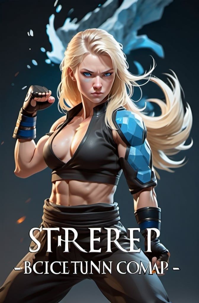 Prompt: Female figure. Greater bicep definition. Sharper, clearer blue eyes. Blonde hair flapping. Frostier, glacier effects. Fierce combat stance. Martial artist. 