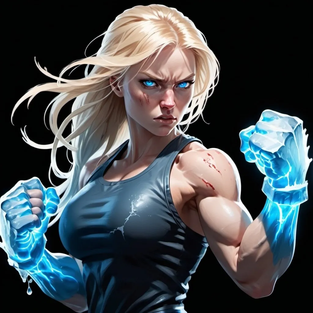 Prompt: Female figure. Greater bicep definition. Sharper, clearer blue eyes. Bleeding. Long Blonde hair flapping. Frostier, glacier effects. Fierce combat stance. Raging Fists. Icy Knuckles.