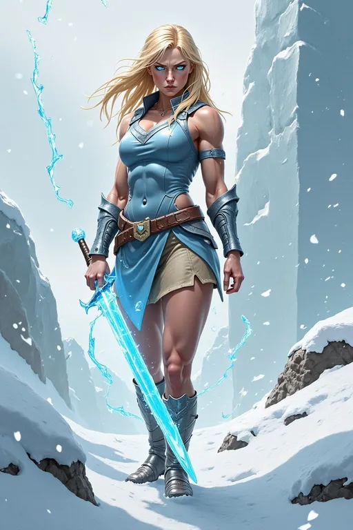 Prompt: @lbK8EQWu1r8WEqH2g1L6 A muscular female warrior wielding a shimmering sword of ice, standing in a frozen landscape. She is mid-action, gripping the icy blade with both hands, her stance powerful and determined. Her armor is sleek and metallic, reflecting cold blue and silver tones, with frost forming along the edges. Her hair flows behind her, caught in a gust of icy wind. The environment features jagged ice formations and a snow-covered ground under a pale, overcast sky. Soft blue light emanates from the sword, illuminating her focused expression. The scene is captured from a slightly low angle, emphasizing her strength and the glowing weapon, with swirling snow and icy particles adding a dynamic, wintry atmosphere.