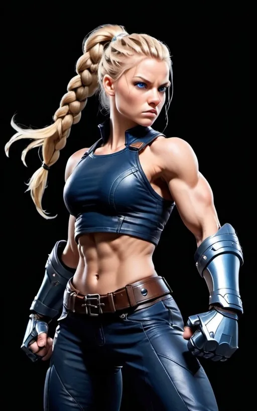 Prompt: Female figure. Greater bicep definition. Dark Blue eyes. Blonde braided ponytail. Fierce combat stance. Raging Gravity-powered Gauntlets. 