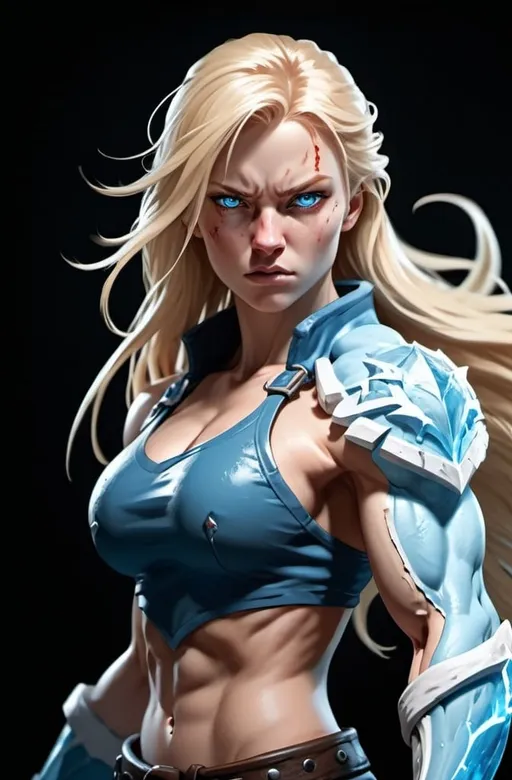 Prompt: Female figure. Greater bicep definition. Sharper, clearer blue eyes. Bleeding. Long Blonde hair flapping. Frostier, glacier effects. Fierce combat stance. Raging Fists. Icy Knuckles.