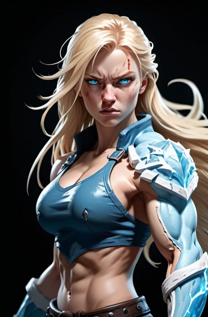 Prompt: Female figure. Greater bicep definition. Sharper, clearer blue eyes. Bleeding. Long Blonde hair flapping. Frostier, glacier effects. Fierce combat stance. Raging Fists. Icy Knuckles.