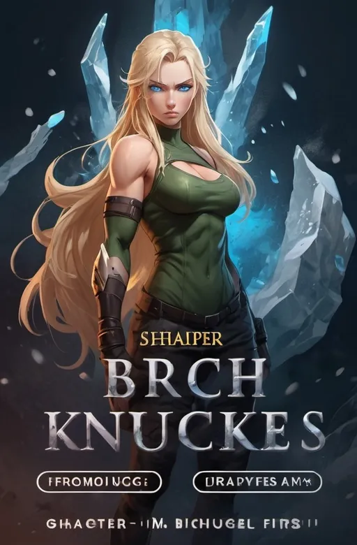 Prompt:   Female figure. Greater bicep definition. Sharper, clearer blue eyes. Nosebleed. Long Blonde hair flapping. Frostier, glacier effects. Fierce combat stance Raging Fists. Icy Knuckles.