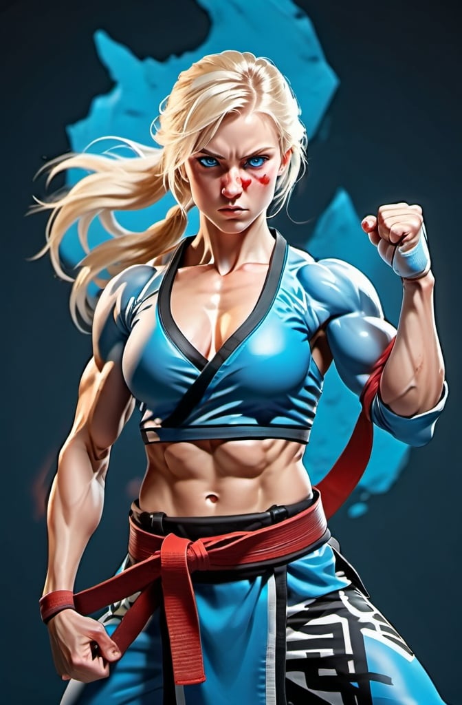 Prompt: Female figure. Greater bicep definition. Sharper, clearer blue eyes. Blonde hair flapping. Frostier, glacier effects. Fierce combat stance. Martial Artist.