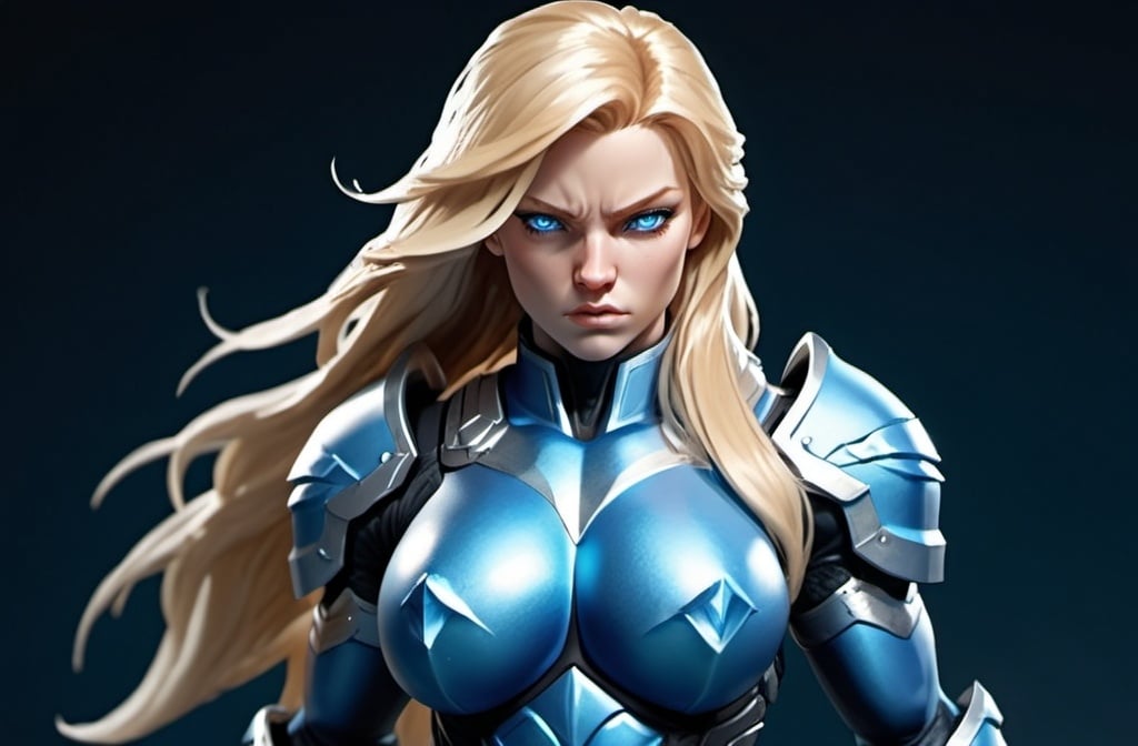 Prompt: Female figure. Greater bicep definition. Sharper, clearer blue eyes. Nosebleed. Long Blonde hair flapping. Frostier, glacier effects. Fierce combat stance. Raging Fists. Icy Knuckles. Blue armor suit.