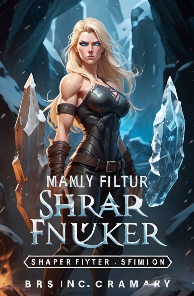 Prompt: Female figure. Greater bicep definition. Sharper, clearer blue eyes. Long Blonde hair flapping. Frostier, glacier effects. Fierce combat stance. Raging Fists. Icy Knuckles.