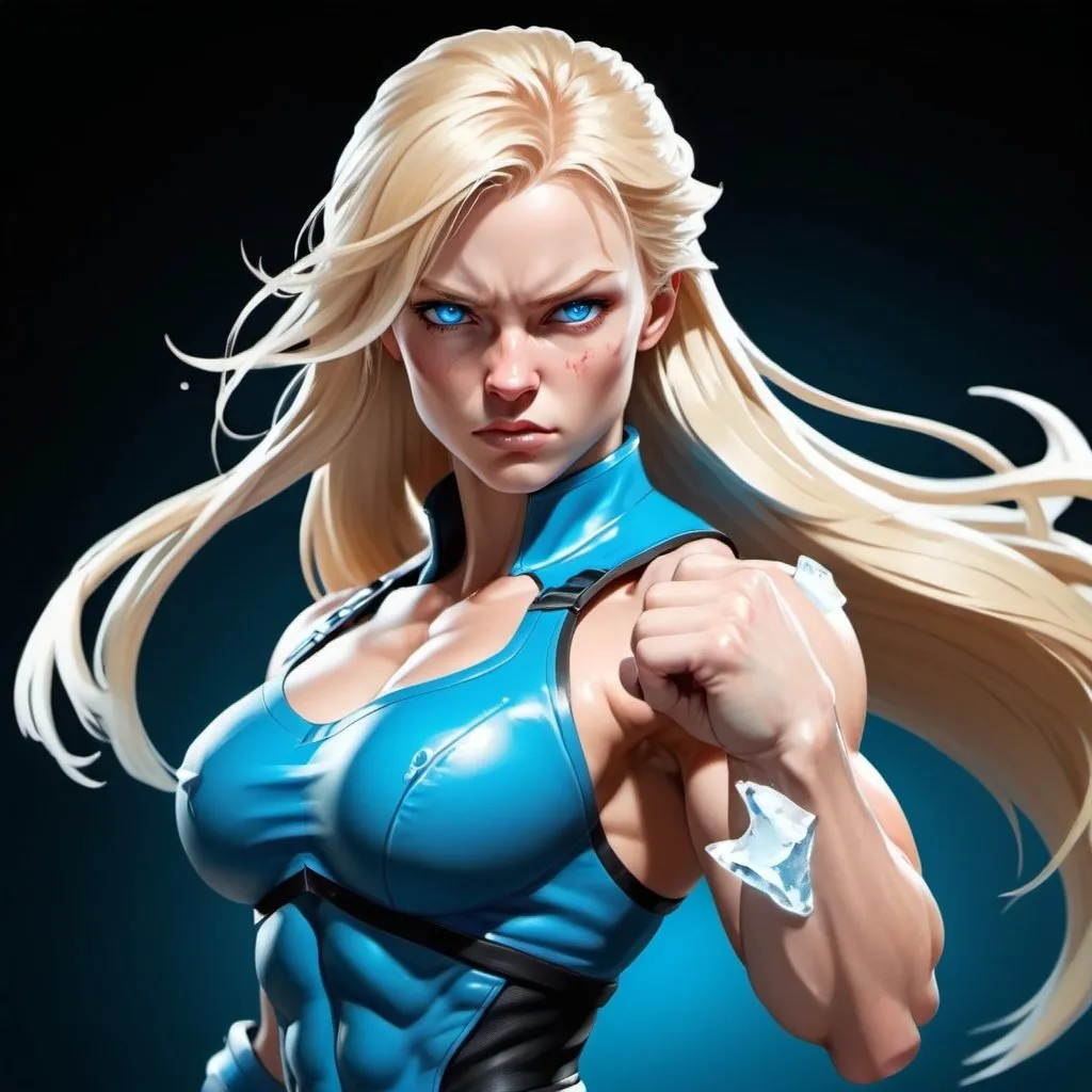 Prompt: Female figure. Greater bicep definition. Sharper, clearer blue eyes. Bleeding. Long Blonde hair flapping. Frostier, glacier effects. Fierce combat stance. Icy Knuckles. 