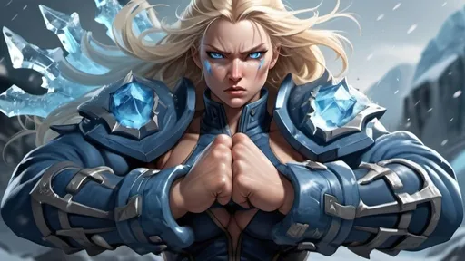 Prompt: Female figure. Greater bicep definition. Sharper, clearer blue eyes. Nosebleed. Long Blonde hair flapping. Blue outfit. Frostier, glacier effects. Fierce combat stance. Raging Fists. Icy Knuckles. 