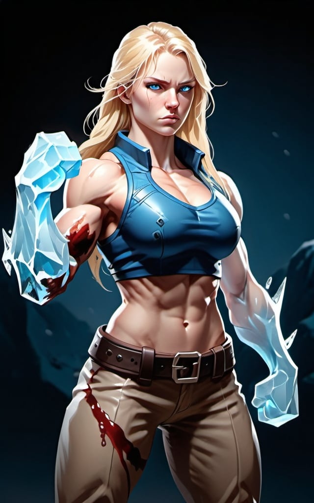 Prompt: Female figure. Greater bicep definition. Sharper, clearer blue eyes. Nosebleed. Long Blonde hair flapping. Frostier, glacier effects. Fierce combat stance. Icy Knuckles. 