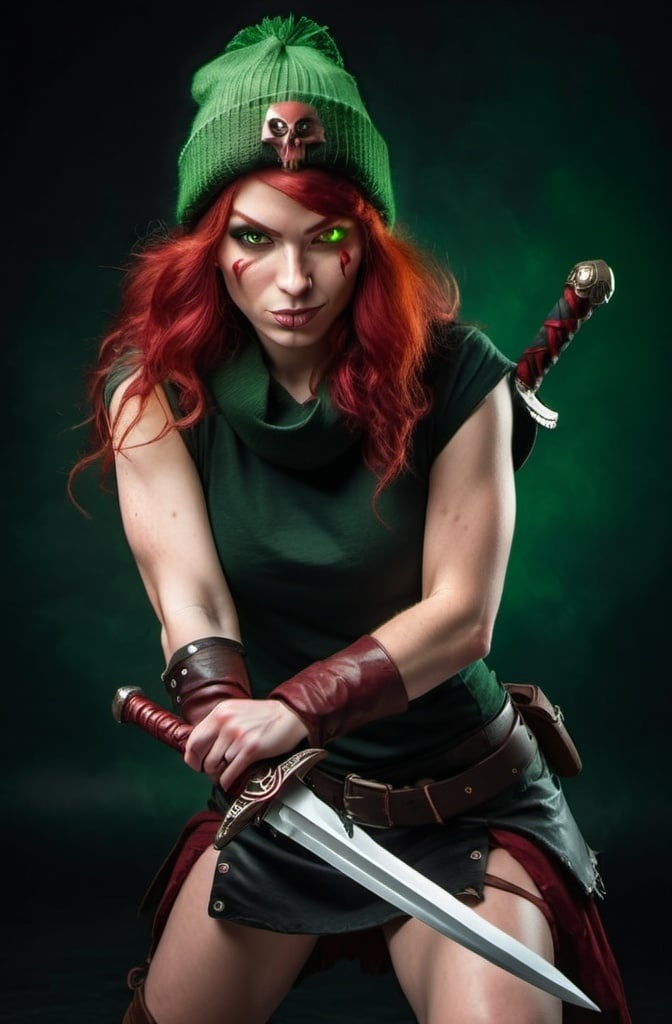 Prompt: Evil red-haired warrior woman With Carmine Red eyes, wearing a green beanie and a mischievous smirk. Carries daggers.