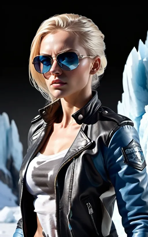 Prompt: Female figure. Greater bicep definition. Sharper, clearer blue eyes.  Frostier, glacier effects. Long blonde hair. Fierce combat stance. Leather Jacket. Sunglasses. 