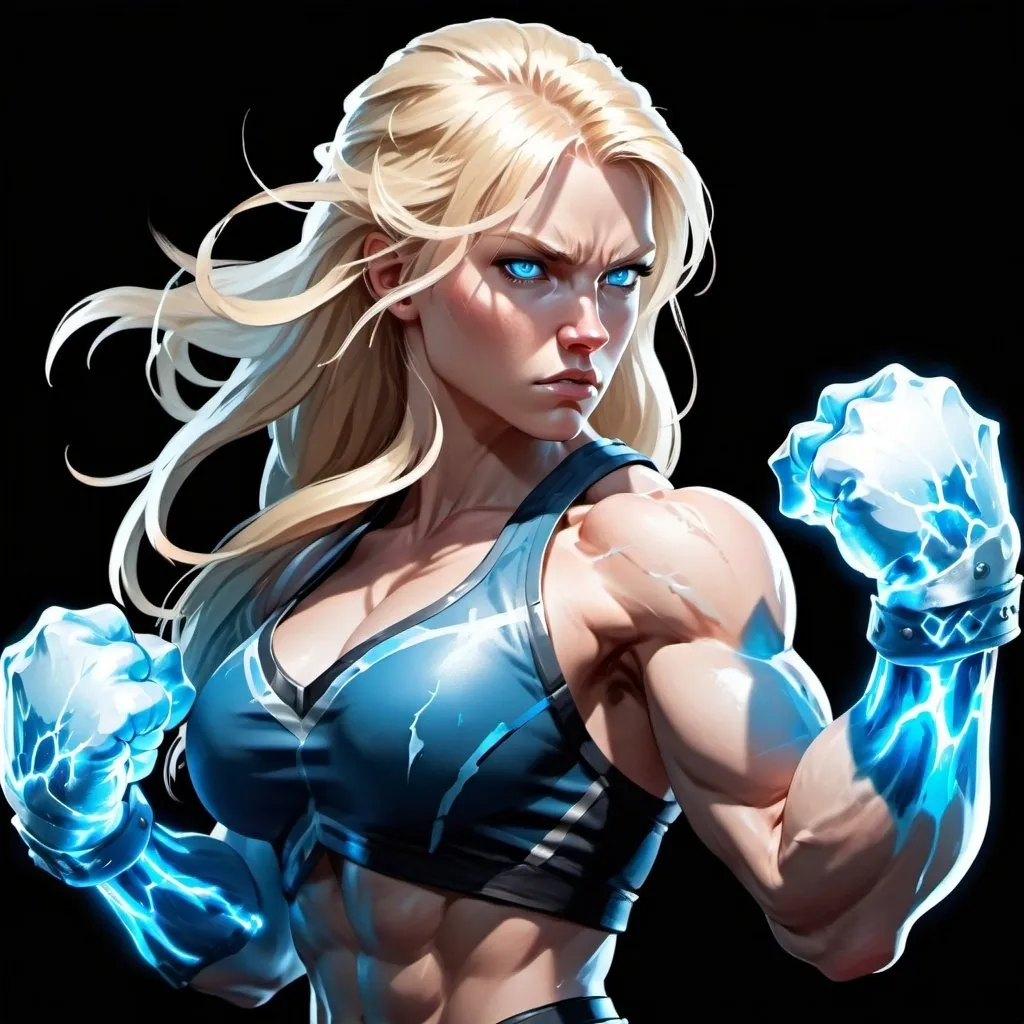 Prompt: Female figure. Greater bicep definition. Sharper, clearer blue eyes. Long Blonde hair flapping. Frostier, glacier effects. Fierce combat stance. Icy Knuckles. Raging Fists.