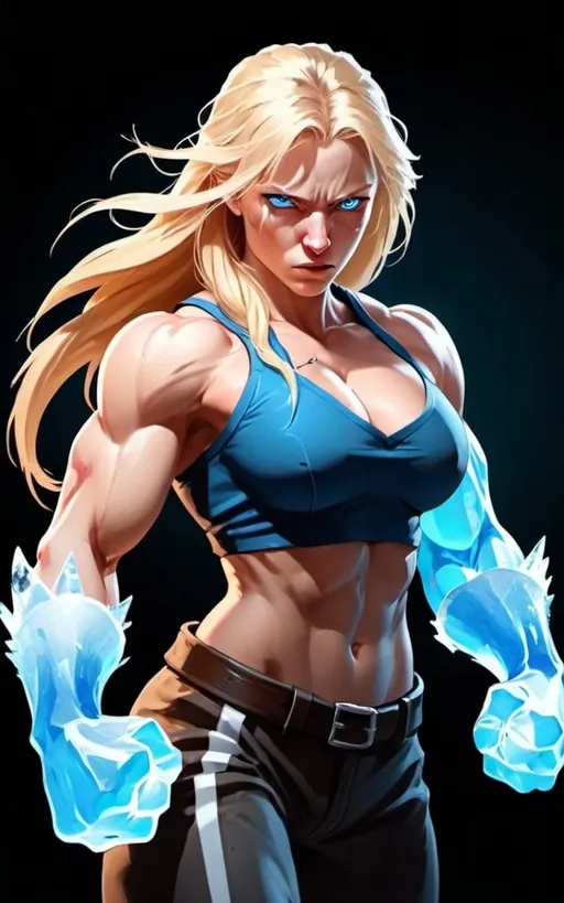 Prompt: Female figure. Greater bicep definition. Sharper, clearer blue eyes. Nosebleed. Long Blonde hair flapping. Frostier, glacier effects. Fierce combat stance. Raging Fists. Icy Knuckles. 