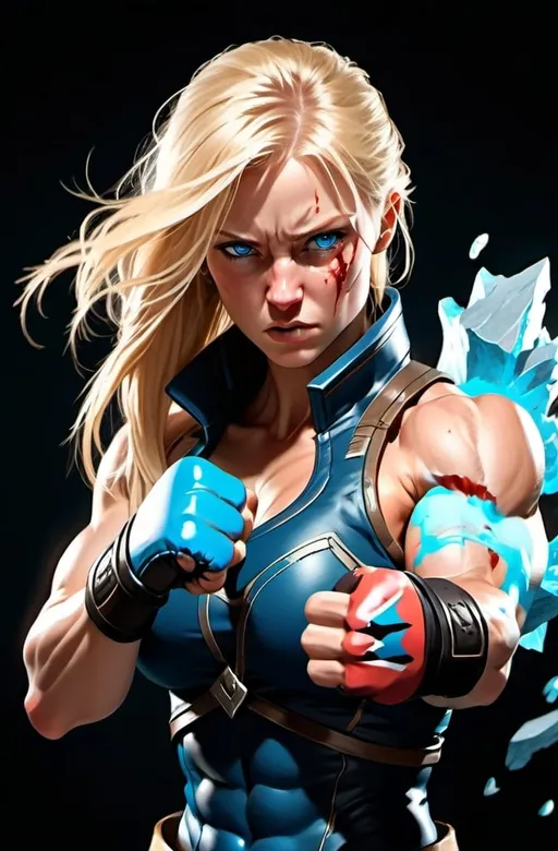 Prompt: Female figure. Greater bicep definition. Sharper, clearer blue eyes. Long Blonde hair flapping. Nosebleed. Frostier, glacier effects. Fierce combat stance. Raging Fists.