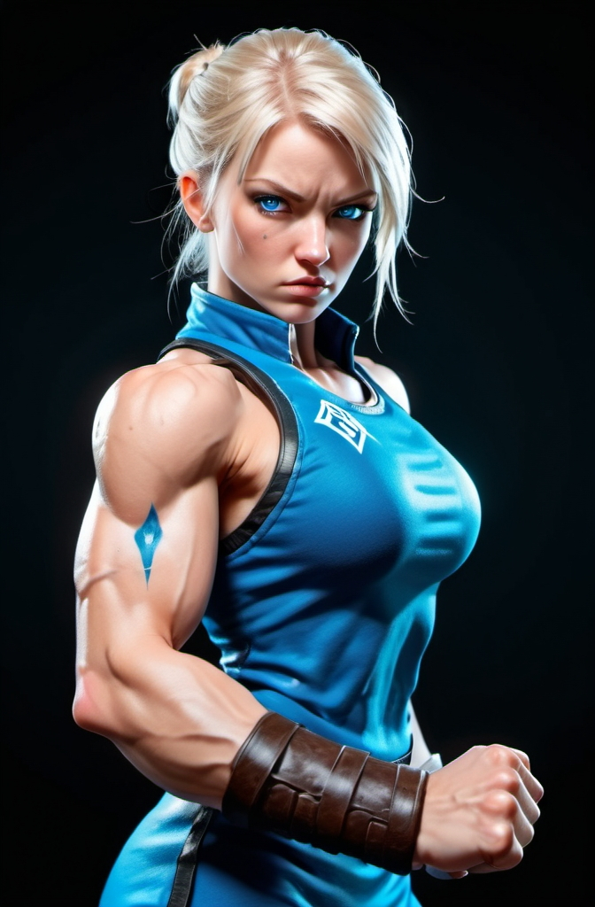 Prompt: Female figure. Greater bicep definition. Sharper, clearer blue eyes.  Frostier, glacier effects.  Fierce combat stance. Raging Fists. 