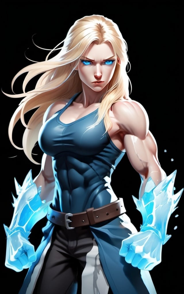 Prompt: Female figure. Greater bicep definition. Sharper, clearer blue eyes. Nosebleed. Long Blonde hair flapping. Frostier, glacier effects. Fierce combat stance. Raging Fists. Icy Knuckles.