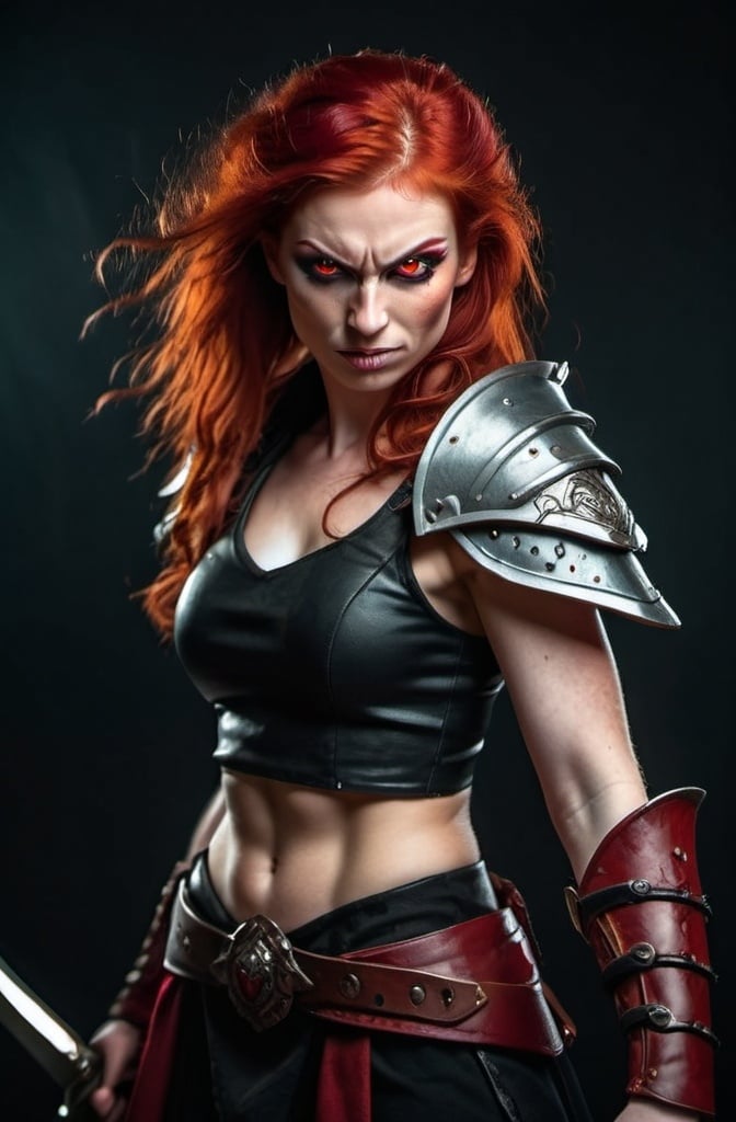 Prompt: Evil red-haired warrior woman with a mischievous grin. Carmine, red eyes. Fierce combat stance.