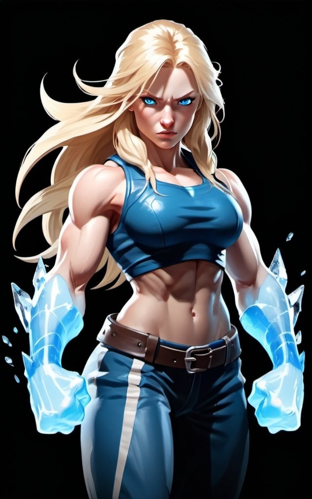 Prompt: Female figure. Greater bicep definition. Sharper, clearer blue eyes. Long Blonde hair flapping. Frostier, glacier effects. Fierce combat stance. Raging Fists. Icy Knuckles.