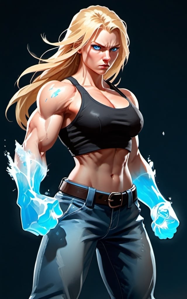 Prompt: Female figure. Greater bicep definition. Sharper, clearer blue eyes. Nosebleed. Long Blonde hair flapping. Frostier, glacier effects. Fierce combat stance. Raging Fists. Icy Knuckles. Wearing Pants. 