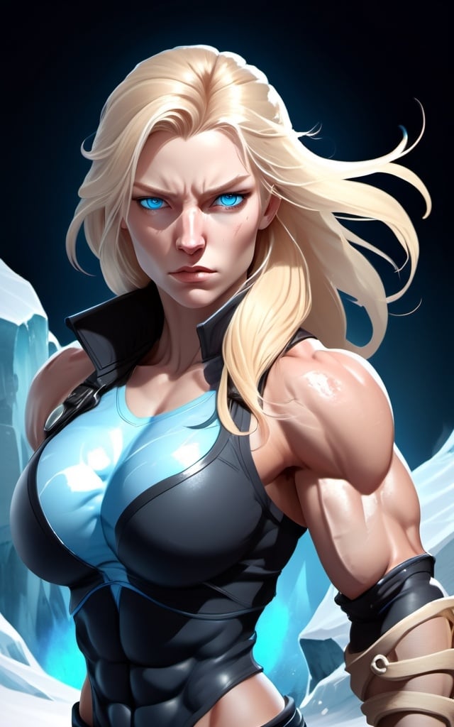 Prompt: Female figure. Greater bicep definition. Sharper, clearer blue eyes. Nosebleed. Long Blonde hair flapping. Frostier, glacier effects. Fierce combat stance. Raging Fists. Icy Knuckles.