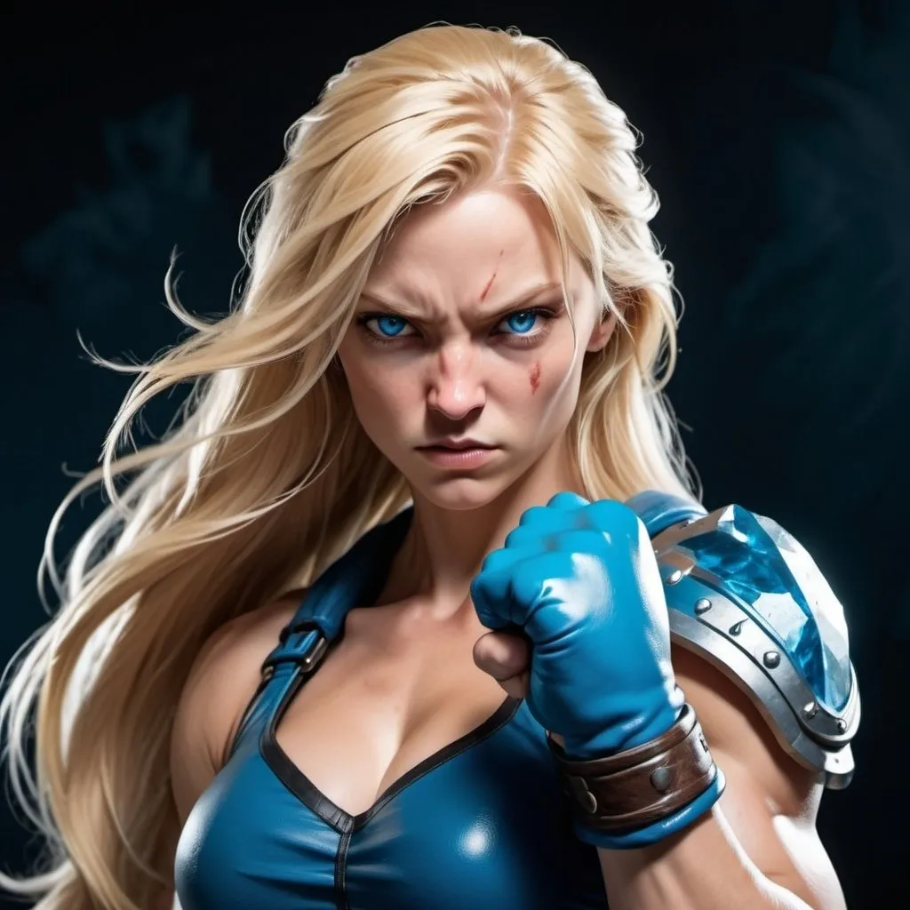 Prompt: Female figure. Greater bicep definition. Sharper, clearer blue eyes. Nosebleed. Long Blonde hair flapping. Frostier, glacier effects. Fierce combat stance. Raging Fists. Icy Knuckles.