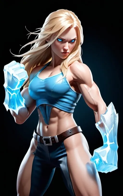 Prompt: Female figure. Greater bicep definition. Sharper, clearer blue eyes. Long Blonde hair flapping. Frostier, glacier effects. Fierce combat stance. Icy Knuckles. Raging Fists.