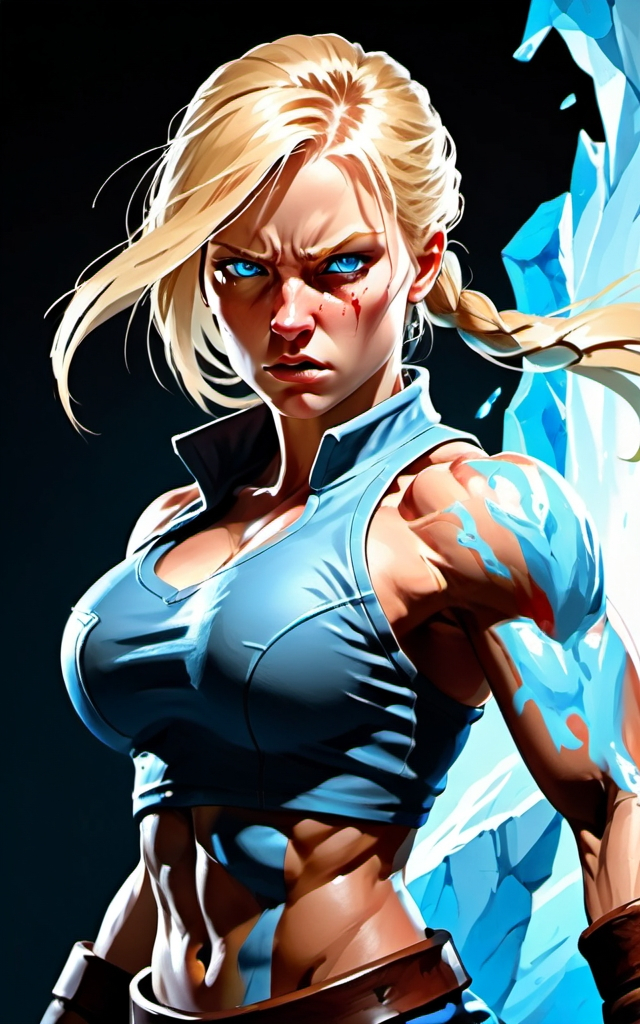 Prompt: Female figure. Greater bicep definition. Sharper, clearer blue eyes. Bleeding. Long Blonde hair flapping. Frostier, glacier effects. Fierce combat stance. Raging Fists.