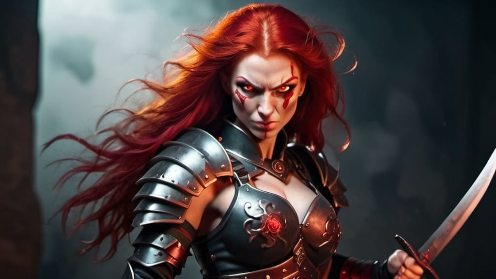 Prompt: Evil red-haired warrior woman with a mischievous grin. Carmine, red eyes. Fierce combat stance.