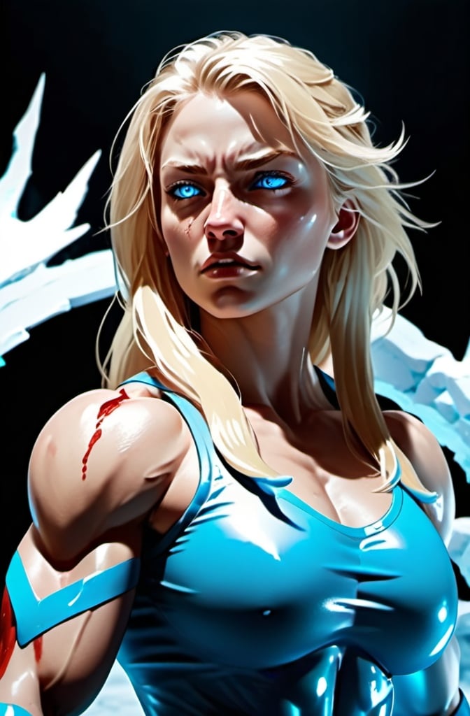 Prompt: Female figure. Greater bicep definition. Sharper, clearer blue eyes. Nosebleed. Long Blonde hair flapping. Frostier, glacier effects. Fierce combat stance. Icy Knuckles.