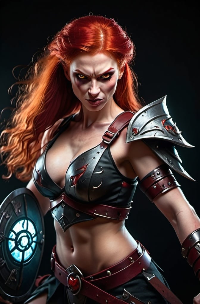 Prompt: Evil red-haired warrior woman with a mischievous grin. Carmine, red eyes. Fierce combat stance.