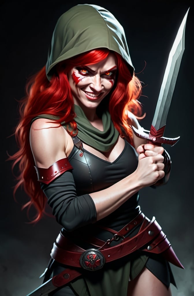 Prompt: Evil red-haired warrior woman with a mischievous grin. Carmine, red eyes. Fierce combat stance.