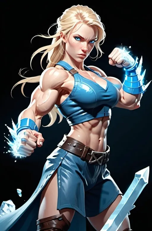 Prompt: Female figure. Greater bicep definition. Sharper, clearer blue eyes. Long Blonde hair flapping. Frostier, glacier effects. Fierce combat stance. Icy Knuckles. Raging Fists.