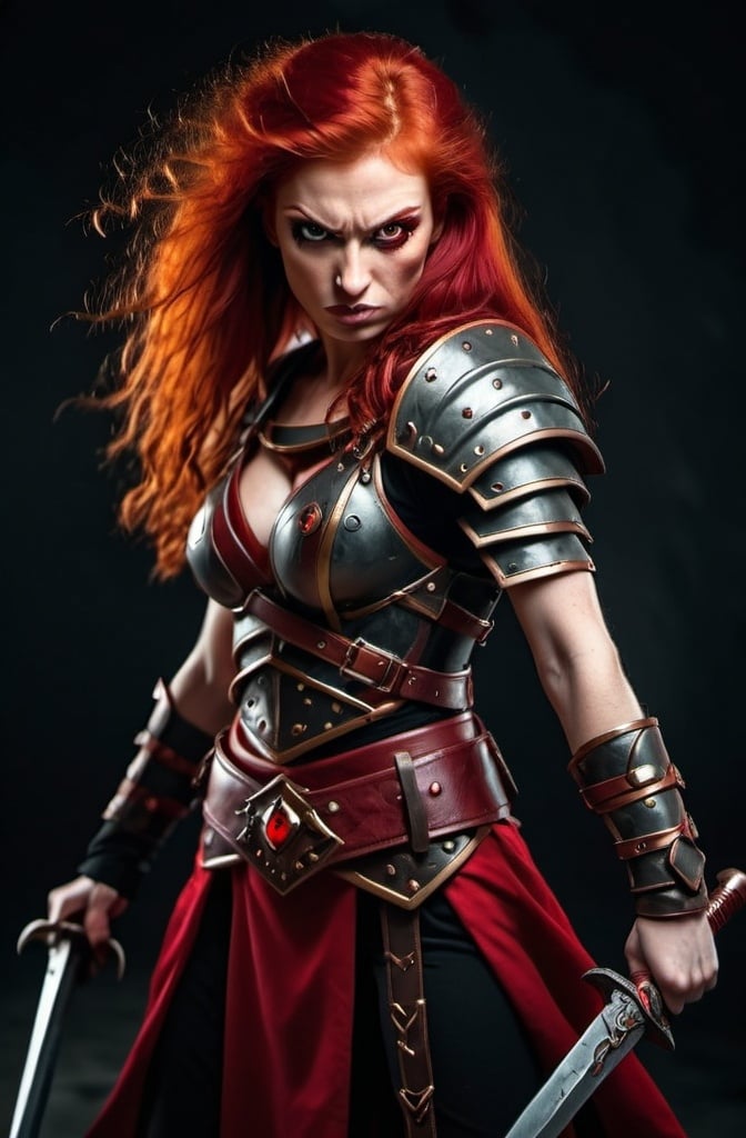 Prompt: Evil red-haired warrior woman with a mischievous expression. Carmine, red eyes. Fierce combat stance.