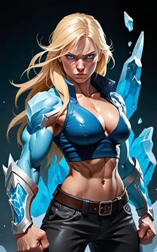 Prompt: Female figure. Greater bicep definition. Sharper, clearer blue eyes. Nosebleed. Long Blonde hair flapping. Frostier, glacier effects. Fierce combat stance. Raging Fists. Icy Knuckles. 