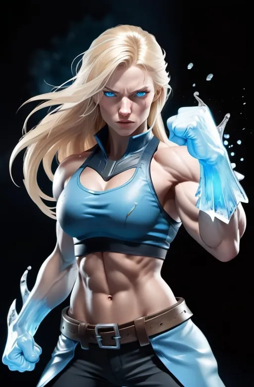 Prompt: Female figure. Greater bicep definition. Sharper, clearer blue eyes. Nosebleed. Long Blonde hair flapping. Frostier, glacier effects. Fierce combat stance. Raging Fists. Icy Knuckles.