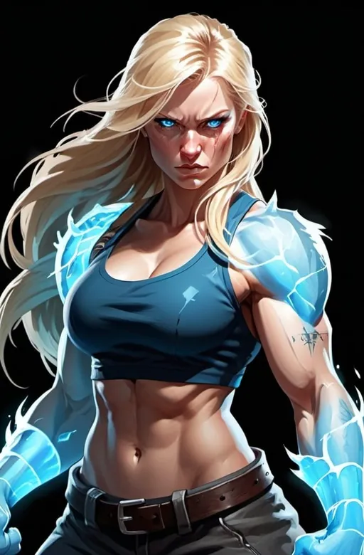 Prompt: Female figure. Greater bicep definition. Sharper, clearer blue eyes. Nosebleed. Long Blonde hair flapping. Frostier, glacier effects. Fierce combat stance. Raging Fists. Icy Knuckles. Keep Tattoo on the shoulder. 